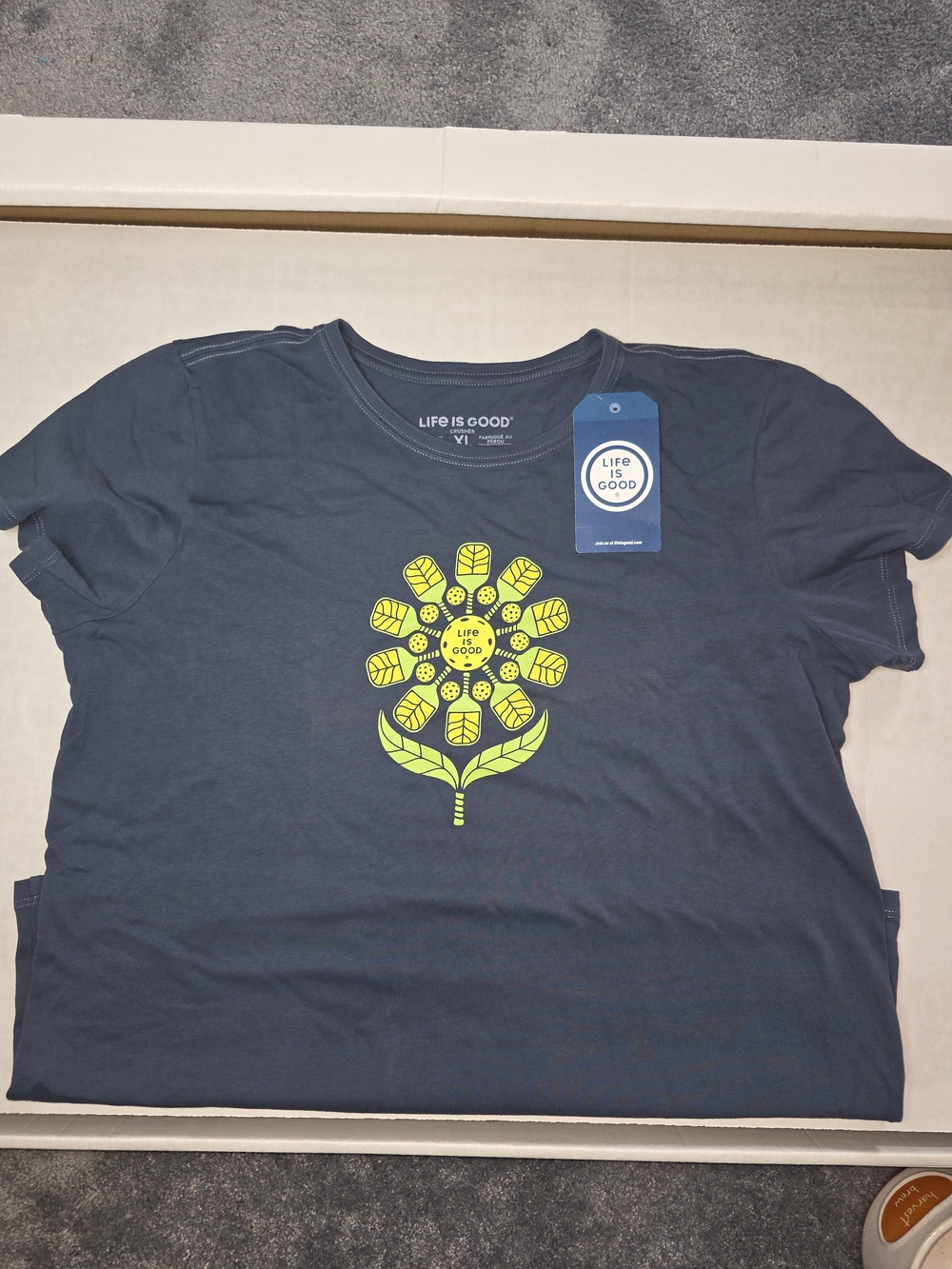 Life is Good Womens' Navy Blue Tee with Lime Green Flower Graphic